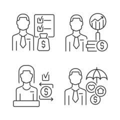 Finance consulting linear icons set. Financial analytics and planning. Customer service specialists. Customizable thin line contour symbols. Isolated vector outline illustrations. Editable stroke