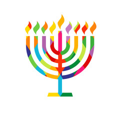 Hanukkah menorah emblem with colored stained glass. Jewish holiday Hanukkah greeting card traditional Chanukah symbol menorah candles lights colorful pattern. Vector template - obrazy, fototapety, plakaty