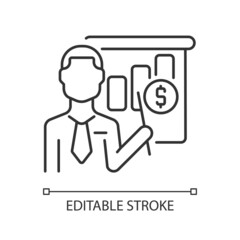 Business teacher linear icon. Administration and management educator. Business trainer. Thin line customizable illustration. Contour symbol. Vector isolated outline drawing. Editable stroke