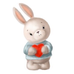 cute little rabbit with plush heart, watercolor style illustration, valentines clipart with cartoon character