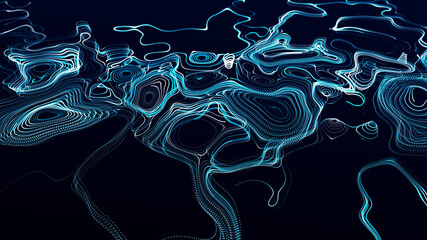 Flow of particles. Big data visualization. Digital technology wave. Futuristic cyberspace. Abstract cyber security background. 3D rendering.