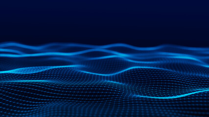 Obraz premium Futuristic digital wave. Dark cyberspace. Abstract wave with dots. White moving particles on background. 3d rendering.