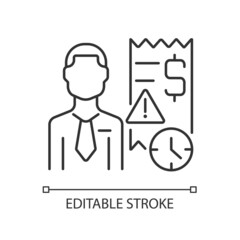 Collector linear icon. Person recovering overdue payments. Specialist tracking down debtors. Thin line customizable illustration. Contour symbol. Vector isolated outline drawing. Editable stroke