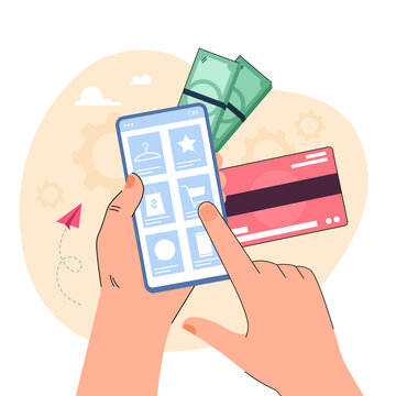 Hands of customer using mobile application of online shop. Man touching category of products on screen of phone, holding credit card and money for payment flat vector illustration. Ecommerce concept
