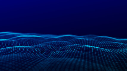 Futuristic digital wave. Dark cyberspace. Abstract wave with dots. White moving particles on background. 3d rendering.