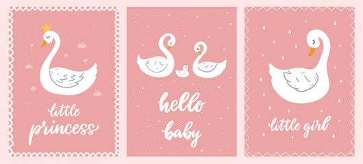 Set of three cute nursery posters with swans and lettering quotes on pink background. Good for girlish greeting cards, posters, prints, banners, etc. EPS 10
