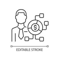 Digital finance expert linear icon. Financial field digitalization. Remote services consultant. Thin line customizable illustration. Contour symbol. Vector isolated outline drawing. Editable stroke