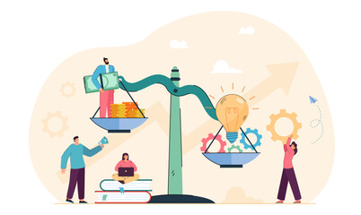 Naklejka premium Research of tiny employees price innovation on unbalanced scales. Business people working on creative ideas worth of money investment flat vector illustration. Valuation of financial profit concept