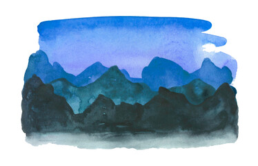 Hand drawn watercolor painting of a fir-tree or pine forest in front of blue foggy mountains in Switzerland, Lucern