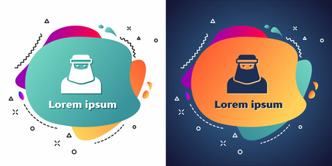 Naklejka premium White Muslim woman in niqab icon isolated on white and blue background. Abstract banner with liquid shapes. Vector