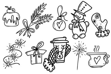 Vector christmas set of doodles with christmas ball, tree, fir snowman, gift box, garland, light, cup in sketch style. Set of new year icons on white background