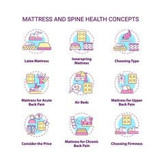 Mattress and spine health concept icons set. Back and neck pain relief idea thin line color illustrations. Mattress types and materials. Vector isolated outline drawings. Editable stroke