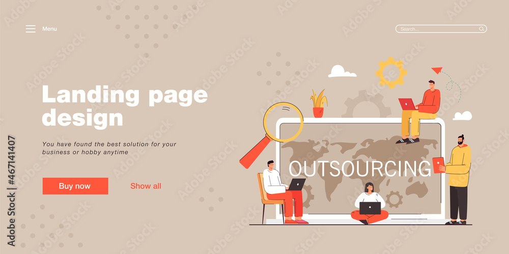 Poster group of business people with laptops in front of huge computer. process of recruitment flat vector 