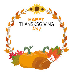 Happy thanksgiving card. Leaves frame with turkey and pumpkins. Isolated vector