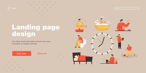 Diagram of kids daily routine by hour flat vector illustration. Cartoon child character washing, brushing teeth, eating, having breakfast, going to school and sleeping. Life schedule, planner concept