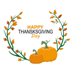 Happy thanksgiving card. Frame of leaves and pumpkins. Isolated vector