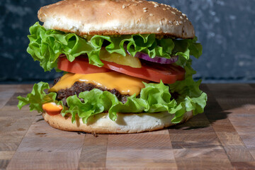 Fresh burger with beef, cheese, tomato and salad.