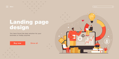 Students with laptops learning about cryptocurrency and trading. Online business school or academy flat vector illustration. Education, financial literacy, university concept for website design