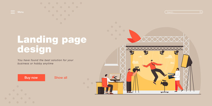 Stunt double and crew on filming location. People shooting actor falling of building in studio, film production flat vector illustration. Cinema, filmmaking concept for website design or landing page