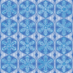 Seamless pattern. Snowflakes with randomly colored elements. Regular location.