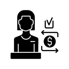 Bank teller black glyph icon. Finance and customer service professional. Interaction with customers specialist. Account manager. Silhouette symbol on white space. Vector isolated illustration