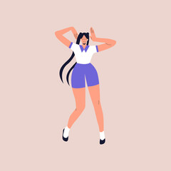 Fototapeta na wymiar Happy young girl with long hair dance to the music while listening to it with earphones. Feminine cartoon character dancing from joy and fun. Vector illustration in flat style. Eps 10.