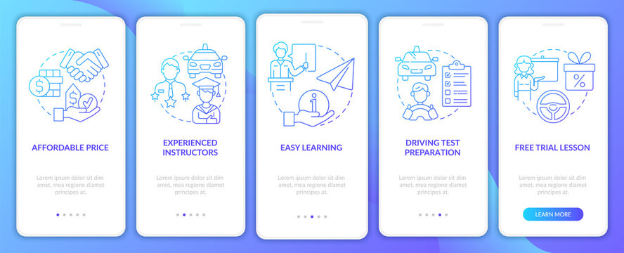 Driving school benefits blue gradient onboarding mobile app page screen. Advantages walkthrough 5 steps graphic instructions with concepts. UI, UX, GUI vector template with linear color illustrations