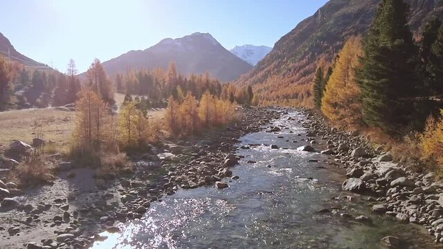 River in Engadine valley Switzerland flowing down from Morteratsch glacier