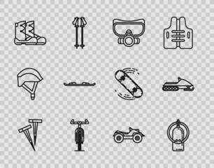 Set line Pegs for tents, Aqualung, Diving mask, Bicycle, Boots, Snowboard, All Terrain Vehicle ATV motorcycle and Snowmobile icon. Vector