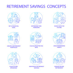 Retiral savings concept icons set. Pension fund creation idea thin line color illustrations. Planning future budget. Income management and analysis. Vector isolated outline drawings