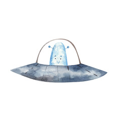 cute blue monster in space dish, isolated watercolor illustration on white background