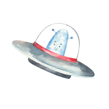 cute blue alien monster in space dish, spaceship, isolated watercolor illustration on white background