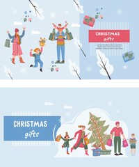 Fototapeta premium Christmas and New Year website mockups set for sales and holiday markets. Winter fair and market advertising web banner templates with family buying Christmas gifts, flat vector illustration.