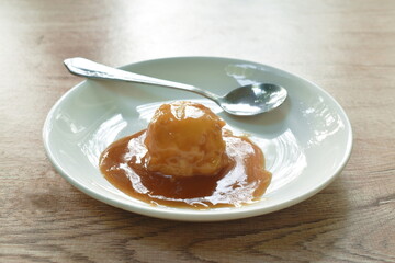 mashed potato dressing gravy sauce and silver spoon on plate