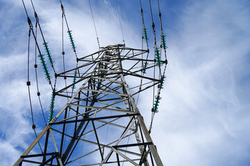 High voltage power lines pylons and electrical cables 