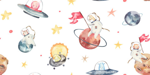 seamless pattern with astronauts and universe, spaceships, galaxy, cute watercolor childrens illustration