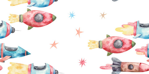seamless pattern with rockets and spaceships, cute watercolor childrens illustration