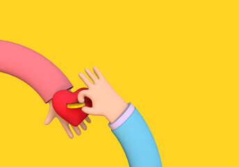 Concept of Patronage and Donation. Hand holds a moneybox in the shape of a heart other hand puts a coin there. 3d illustration on yellow background.