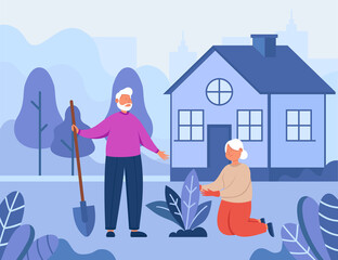 Old grandparents putting plant in soil in garden. Cartoon elderly family healthy lifestyle flat vector illustration. Horticulture, leisure time, activity for senior people concept