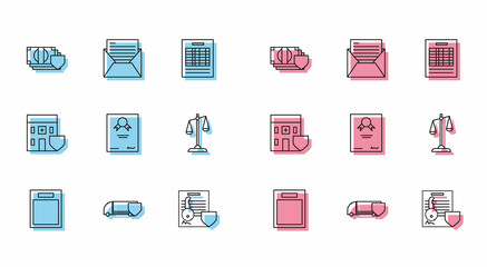 Set line Empty form, Delivery cargo truck with shield, Money, Document key, Certificate template, Scales of justice, Medical hospital building and Mail and e-mail icon. Vector
