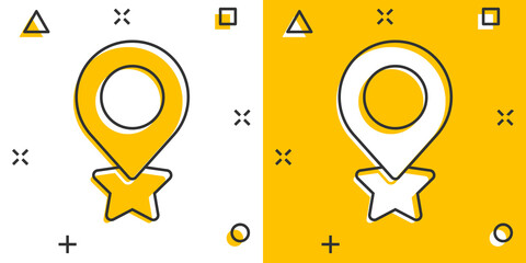 Map pin icon in comic style. GPS navigation cartoon vector illustration on white isolated background. Locate position splash effect business concept.