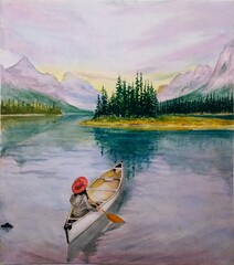 Watercolor painting of a kayaking in the lake. Landscape painting with scienic lake, forest, and mountains. - obrazy, fototapety, plakaty