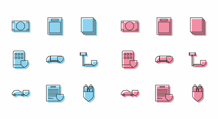 Set line Car with shield, Contract, Stacks paper money cash, Family insurance, Delivery cargo truck, Judge gavel, Smartphone and Empty form icon. Vector