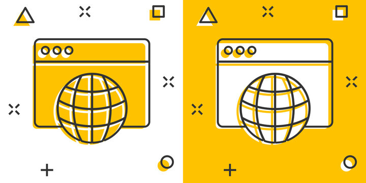 Website domain icon in comic style. Global internet address cartoon vector illustration on white isolated background. Server splash effect business concept.