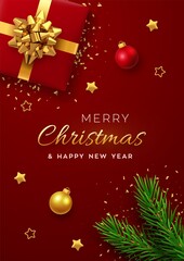 Fototapeta na wymiar Christmas banner. Realistic red gift box with golden bow, pine branches, gold stars and glitter confetti, balls bauble. Xmas background, cover, poster, greeting cards, headers website. Vector.