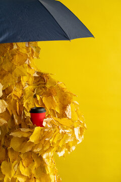 Woman with disposable cup and umbrella in front of yellow background