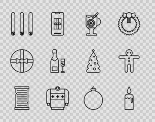 Set line Christmas wish list template, Mulled wine with glass of drink, sweater, Three rolled sticks cinnamon, Champagne bottle champagne, ball and Holiday gingerbread man cookie icon. Vector