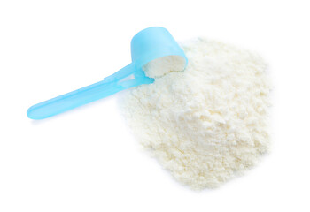 Fototapeta na wymiar Powdered infant formula and scoop on white background, top view. Baby milk