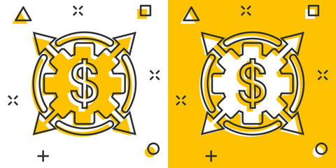 Money revenue icon in comic style. Dollar coin cartoon vector illustration on white isolated background. Finance structure splash effect business concept.