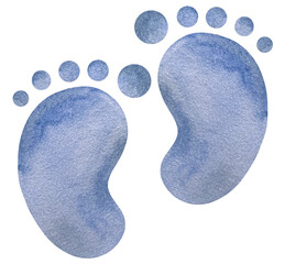 Watercolor hand drawn baby boy blue foot print isolated on white background. Its a boy illustration. Baby shower boy footprint
